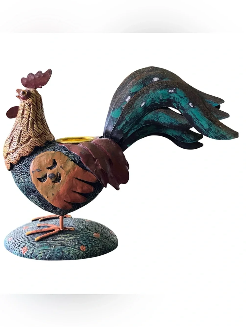 Rooster Candle Holder Rustic Farmhouse Cottage Metal Feathers Painted Chicken